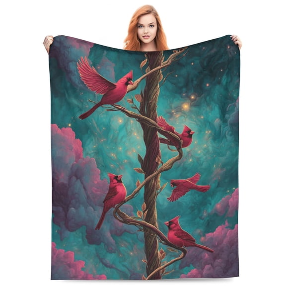 Cardinal Bird Blanket Gift, Flannel Fleece Throw, Red Bird Art For Couch Sofa Bed, Nature Scene Decor, Unique Home Office Travel Accessory 50x40