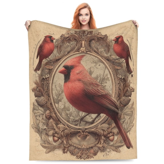Cardinal Bird Blanket Gift, Soft Velvety Flannel Fleece, Vintage Framed Cardinal Art For Couch Sofa Bed, Unique Home Office Accessory, All Purpose Travel Throw 50x40