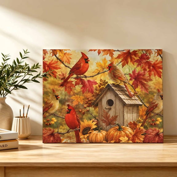 Cardinal Bird Canvas Wall Art, Fall Red Bird Orange Maple Leaf Tree Branch Backyard Wall Art Prints Artwork Framed Canvas Ready to Hang Art Pictures for Bathroom, Dressing Table, Entryway 12" x 8"