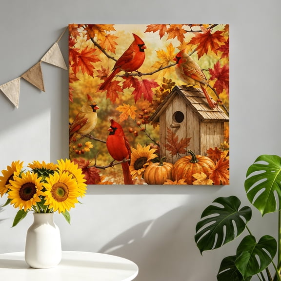 Cardinal Bird Canvas Wall Art for Living Room, Fall Red Bird Orange Maple Leaf Tree Branch Backyard Poster Print Painting for Bedroom Office Home Decoration Wall Pictures Prepare To Hang 8"x8"