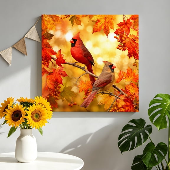 Cardinal Bird Canvas Wall Art for Living Room, Fall Red Bird Orange Maple Leaf Tree Branch Forest Poster Print Painting for Bedroom Office Home Decoration Wall Pictures Prepare To Hang 8"x8"