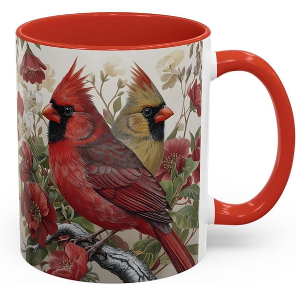 Cardinal Bird Ceramic Coffee Mug, Beautiful Red and Yellow Redbird with Floral Background, Home Table Decoration, Gift for Bird and Nature Lovers