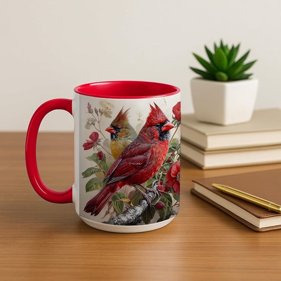 Cardinal Bird Ceramic Coffee Mug, Floral Botanical Cup for Nature Lovers, Red Cardinal Pair Artwork, Durable Tea Mug for Home Office