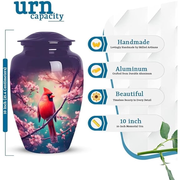 Cardinal Bird Cherry Blossom Urn, Cremation Urn For Human Ash, Urns For Adult Human Ashes Female, Decorative Memorial Urns For Ashes Adult Male, Size 10 Inch, 1pcs