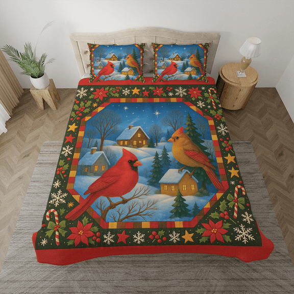 Cardinal Bird Christmas Bedding Set – Winter Snow Scene Duvet Cover with Pillowcases – Holiday Quilt Style Bed Set for Kids & Adults