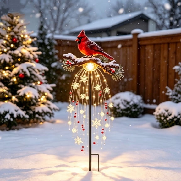 Cardinal Bird Christmas Garden Stake Light, 27" Cardinal Bird Sparkle Snowflake Berry Patio Lighting Ornament, LED Outdoor Garden Stake for Christmas Yard Decoration
