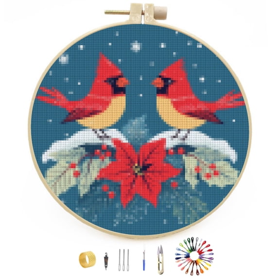 Cardinal Bird on Christmas Red Flower DIY Stamped Cross Stitch Kits Easy for Beginners with Hoop 11CT Counted Embroidery Needlepoint Crafts Arts for Handmade Enthusiasts and Home Decor 30x30cm(10)