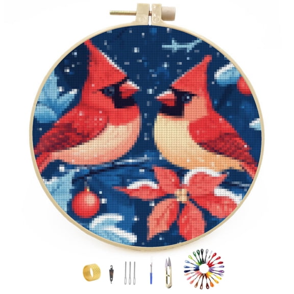Cardinal Bird on Christmas Red Flower DIY Stamped Cross Stitch Kits Easy for Beginners with Hoop 11CT Counted Embroidery Needlepoint Crafts Arts for Handmade Enthusiasts and Home Decor 30x30cm(28)