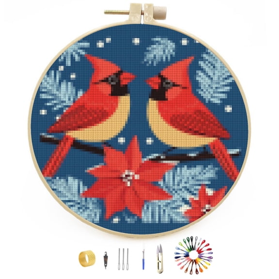 Cardinal Bird on Christmas Red Flower DIY Stamped Cross Stitch Kits Easy for Beginners with Hoop 11CT Counted Embroidery Needlepoint Crafts Arts for Handmade Enthusiasts and Home Decor 30x30cm(26)