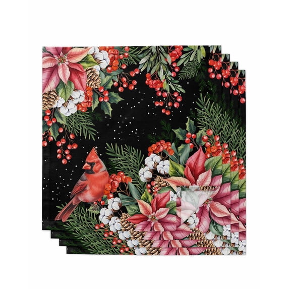 Cardinal Bird Cloth Napkins Set of 4 Reusable Dinner Napkins, Winter Poinsettia Pine Cones Berry Black Cocktail Napkin Washable Table Napkins for Wedding/Holiday Party/Baby Shower 20"x20"