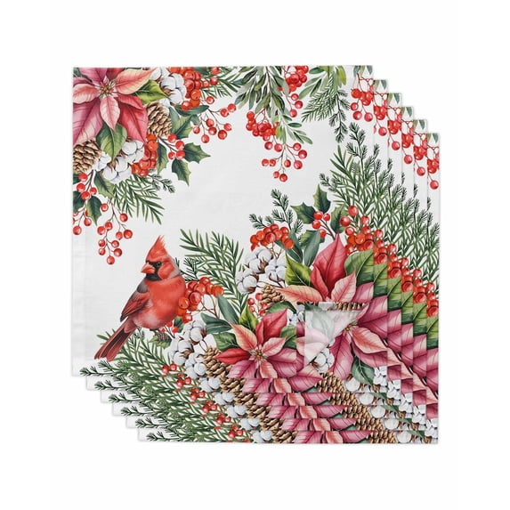 Cardinal Bird Cloth Napkins Set of 6 Reusable Dinner Napkins, Winter Poinsettia Berry Pine Cones Floral Cocktail Napkin Washable Table Napkins for Wedding/Holiday Party/Baby Shower 20"x20"