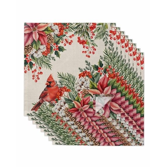 Cardinal Bird Cloth Napkins Set of 8 Reusable Dinner Napkins, Pine Cones Poinsettia Berry Floral Beige Cocktail Napkin Washable Table Napkins for Wedding/Holiday Party/Baby Shower 20"x20"