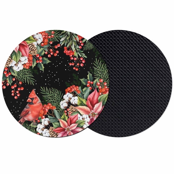 Cardinal Bird Coasters Set of 2, Absorbent Coasters for Drinks, Winter Poinsettia Pine Cones Berry Black Coaster for Desk Coffee Table Protection, Home Decor House Warming Gifts 4"