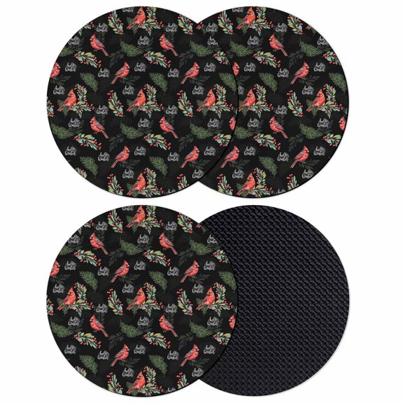 Cardinal Bird Coasters Set of 4, Absorbent Coasters for Drinks, Holly Branches Berry Winter Botanical Black Coaster for Desk Coffee Table Protection, Home Decor House Warming Gifts 4"