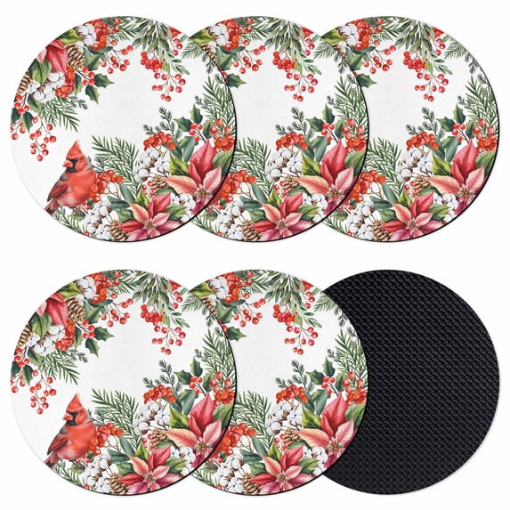 Cardinal Bird Coasters Set of 6, Absorbent Coasters for Drinks, Winter Poinsettia Berry Pine Cones Floral Coaster for Desk Coffee Table Protection, Home Decor House Warming Gifts 4"