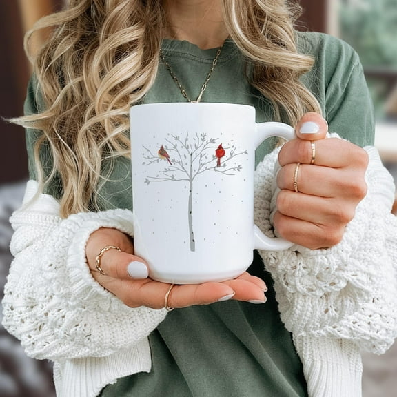 Cardinal Bird Coffee Mug, Unique Bird Lover Gift, Birch Tree Design, Nature Lover Mug, Winter Christmas Gift