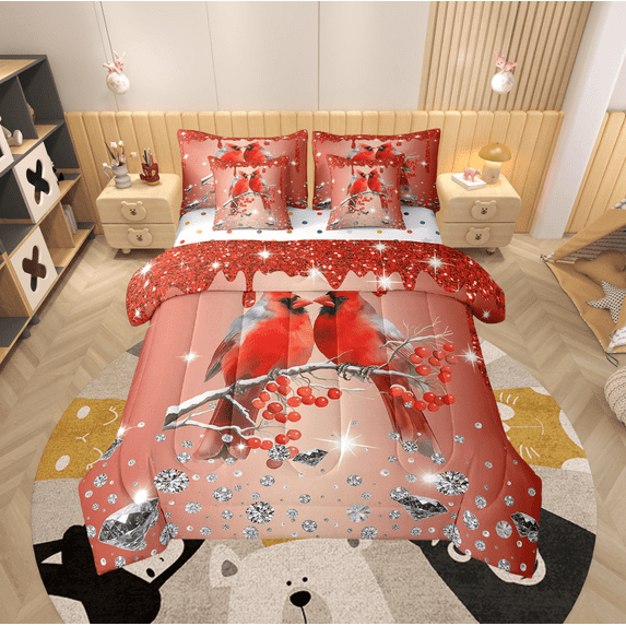 Cardinal Bird Comforter Set 7 Piece Bed in a Bag Twin,Red Sequin Fluid Art Bedding Set,Crystal Diamond Comforter and Sheet Set Rustic Aesthetic Animal Bed Set,Jungle Bird Room Decor