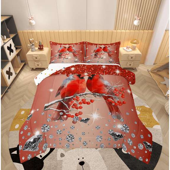 Cardinal Bird Comforter Set Red Sequin Fluid Art Twin Bedding Sets,Crystal Diamond Bed Set Rustic Aesthetic Animal Quilt Set,Jungle Bird Room Decor