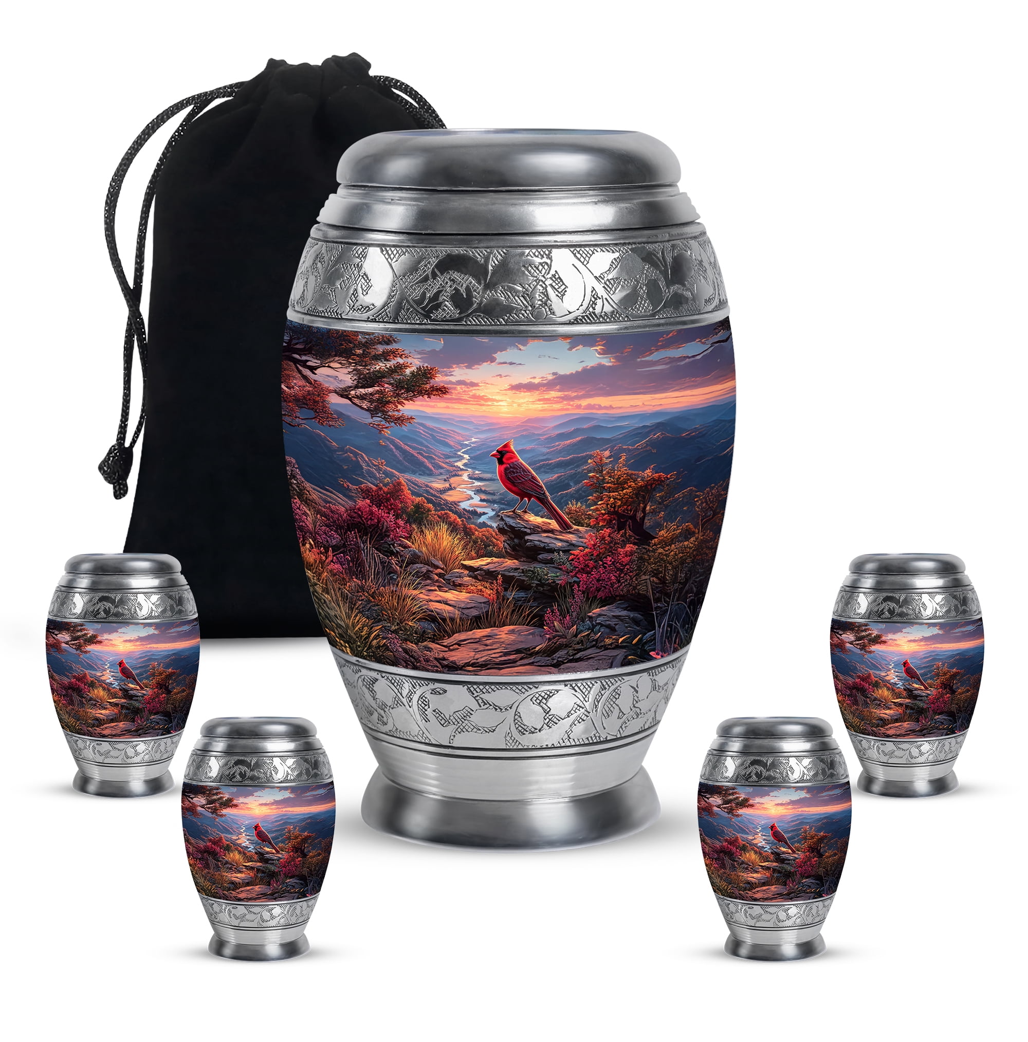 Cardinal Bird Cremation Urn For Adult Male And Female, 1 Large Blue Decorative Urns For Women, Sunset Funeral Urn For Mother, Grey Small Urns For Human Ashes Set Of 4, (10&3) Inch