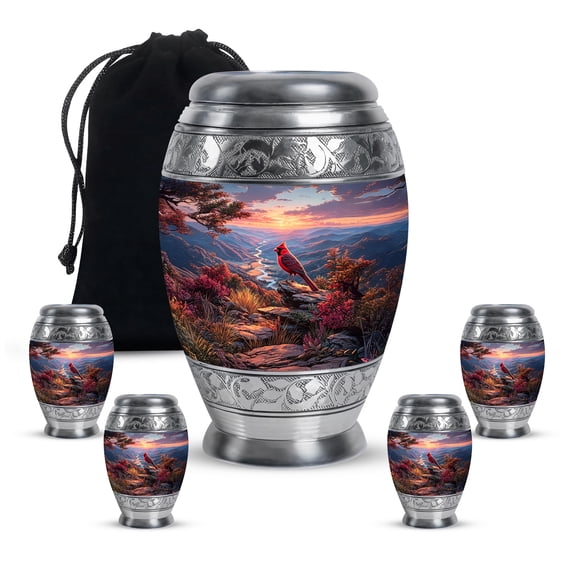 Cardinal Bird Cremation Urn For Adult Male And Female, 1 Large Blue Decorative Urns For Women, Sunset Funeral Urn For Mother, Grey Small Urns For Human Ashes Set Of 4, (10&3) Inch