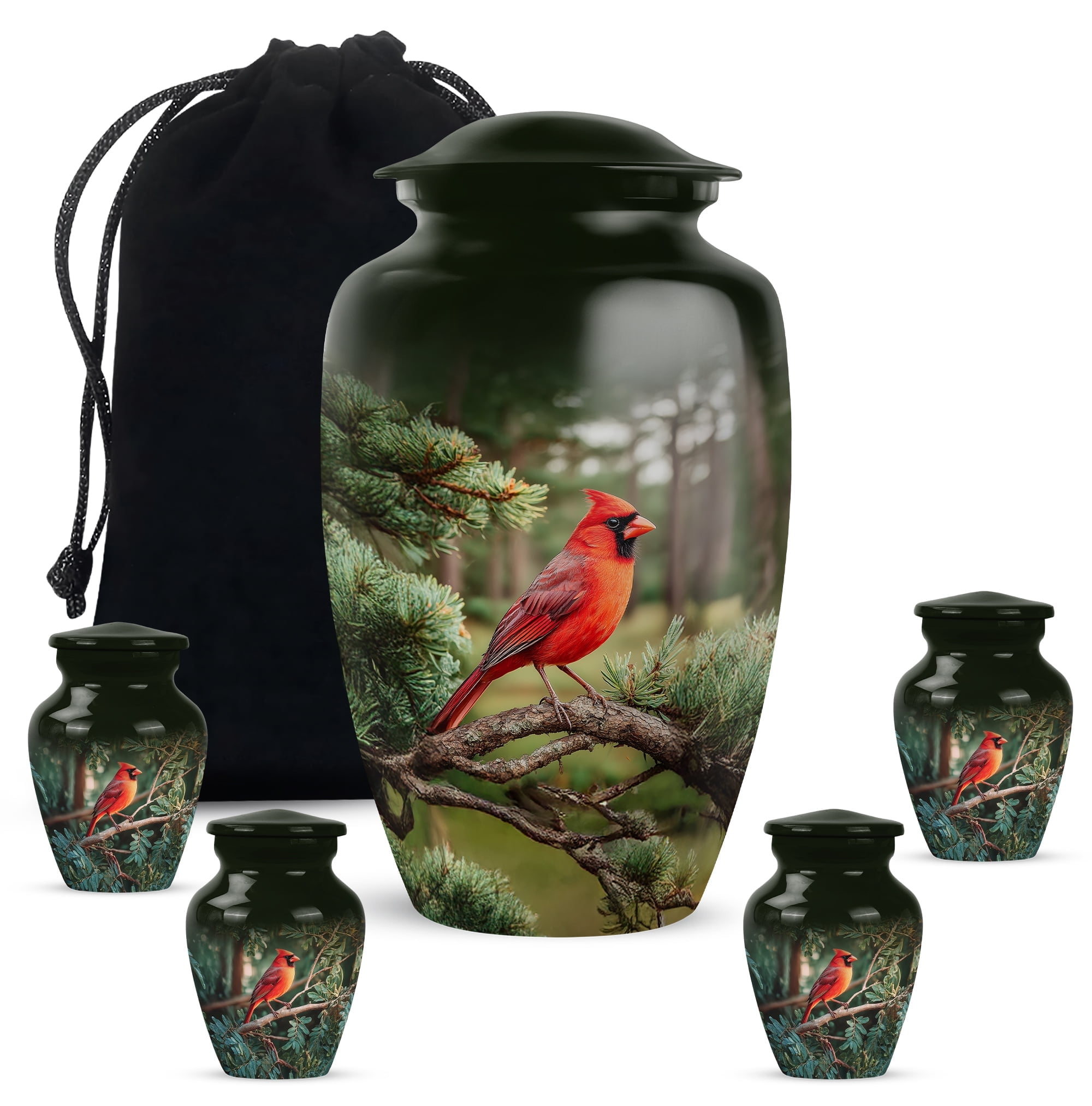 Cardinal Bird Cremation Urn For Mom And Dad - Tree Memorial Urn For Adult - Sunset Funeral Urns For Adult Male - Keepsake Urns For Ashes Set Of 4 And 1 Large (10&3) Inch Combo