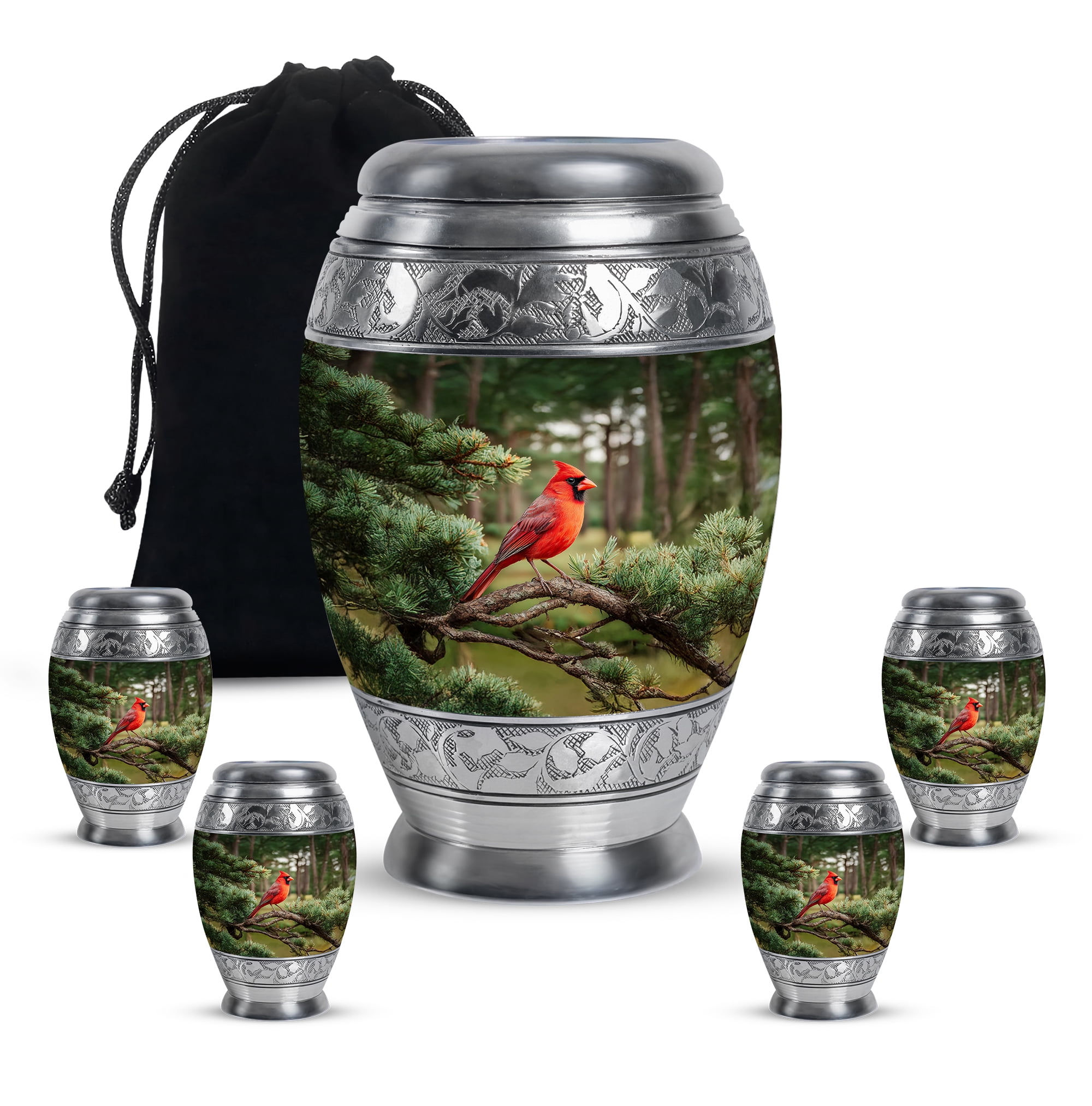 Cardinal Bird Cremation Urn For Mom And Dad, Tree Memorial Urn For Adult, Sunset Funeral Urns For Adult Male, Keepsake Urns For Ashes Set Of 4 And 1 Large (10&3) Inch Combo