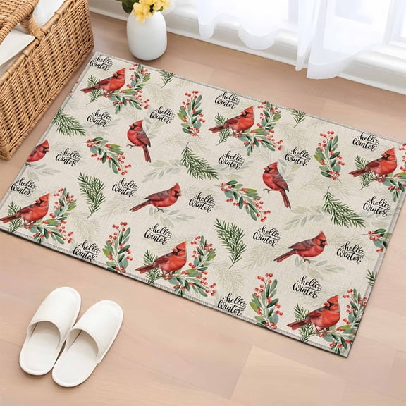 Cardinal Bird Entryway Rug 2'x3'&nbsp; Non Slip Front Door Mats, Holly Branches Berry Winter Beige Entrance Rugs Indoor Outdoor Carpet, Washable Floor Mats Small Area Rug for Bedroom Kitchen