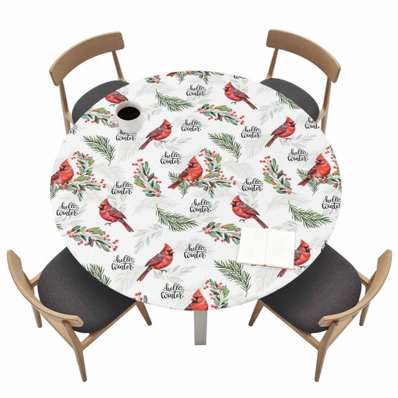 Cardinal Bird Fitted Tablecloth with Elastic Edged, Round Table Cloth for Dining Table, Berry Holly Branches Winter Plants Waterproof Oil Proof Table Cover for Indoor Outdoor 36"-44"