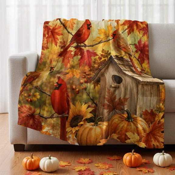Cardinal Bird Fleece Throw Blanket Fall Red Bird Orange Maple Leaf Tree Branch Backyard Ultra Soft Fuzzy Cozy Flannel Throw Blanket for Couch Sofa Bed Car Travel, Ideal Gifts 30x40 Inches