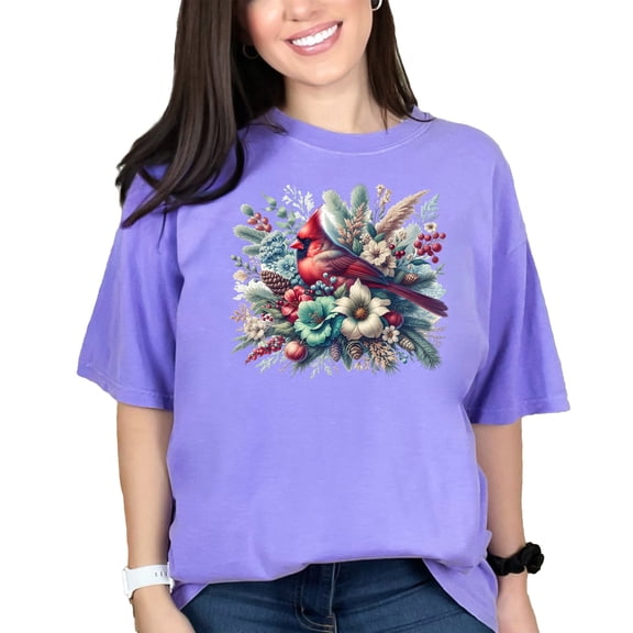 Cardinal Bird Floral Graphic, Nature Inspired Art, Colorful Bird Design, Botanical Elements T-Shirt, Decorative T-Shirt Gift, Violet Comfort Colors T-Shirt, Medium