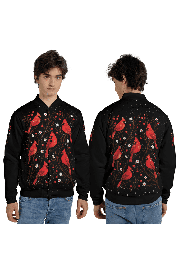 Cardinal Bird Floral Printed Baseball Jacket – Winter Nature Art Outerwear, Bird Lover Valentine Gift Baseball Jacket