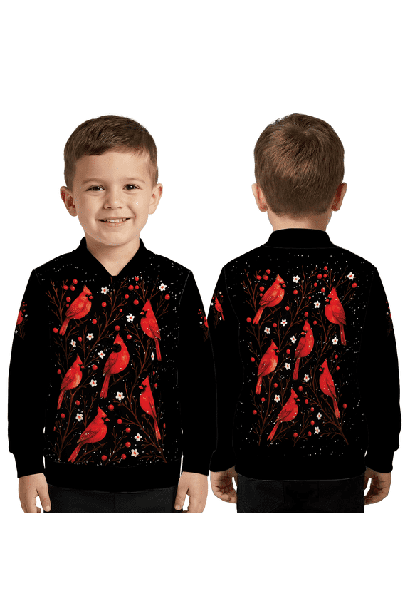 Cardinal Bird Floral Printed Baseball Jacket – Winter Nature Art Outerwear, Bird Lover Valentine Gift Baseball Jacket