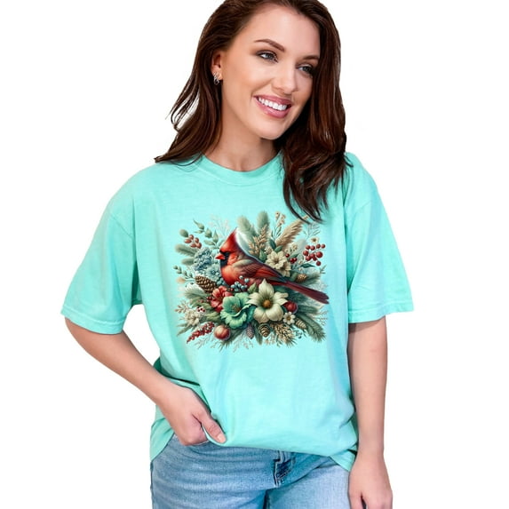 Cardinal Bird Floral Shirt Men Women Gift Christmas Shirt Nature Lovers Graphic Tees Vintage Style Art Large Print Tee, Chalky Mint Comfort Colors T-Shirt, Medium