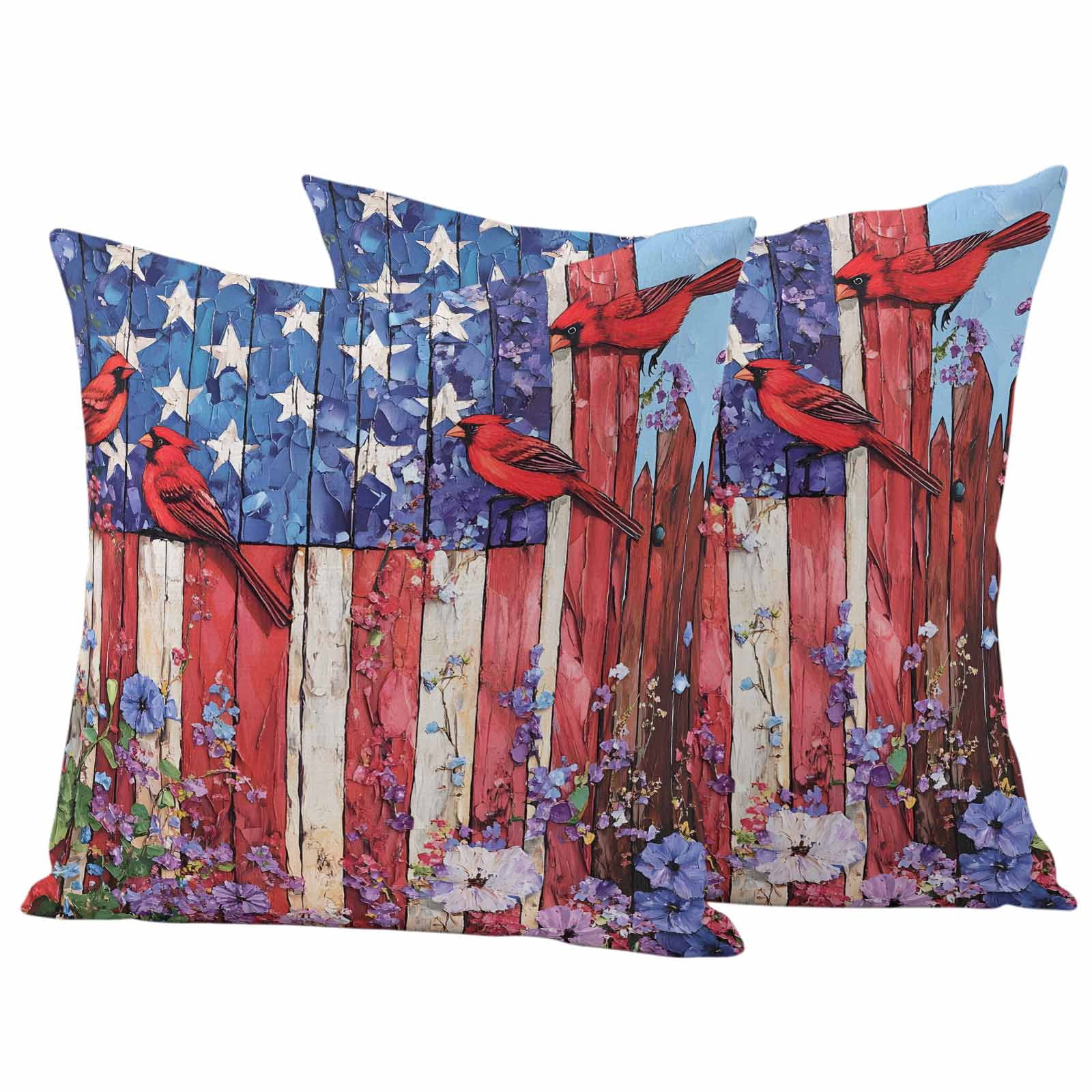 Cardinal Bird Flower Pillow Covers 2 Pack 4th of July Pillowcase Waterproof Outdoor Throw Pillow Cover for Patio Garden Square Cushion 18”x18”