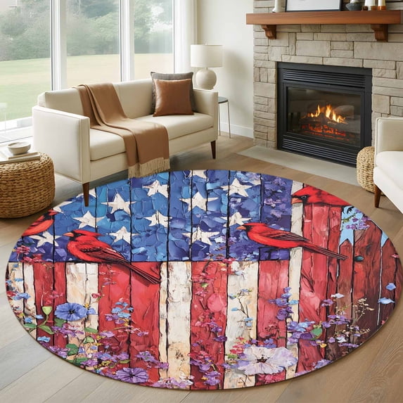 Cardinal Bird Flower Washable Round Area Rug 6 ft, 4th of July, Soft Non Slip Rugs Stain Repellent Indoor Felt Carpet for Living Dining Room Bedroom Home Office