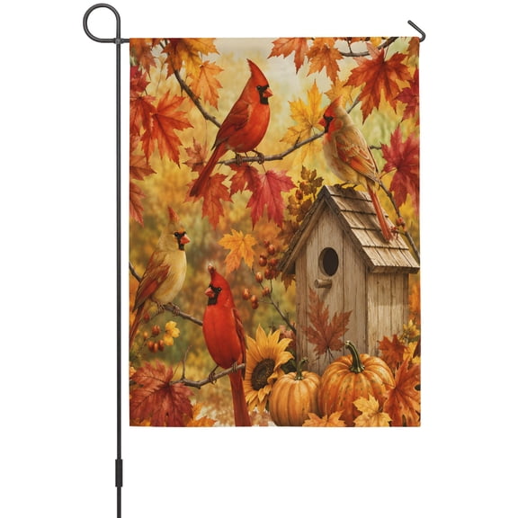 Cardinal Bird Garden Flag 12 x 18 Inches, Fall Red Bird Orange Maple Leaf Tree Branch Backyard Weather Proof Outdoor Patio Flags Double Sided Small Garden Decoration for Yard Outside Home