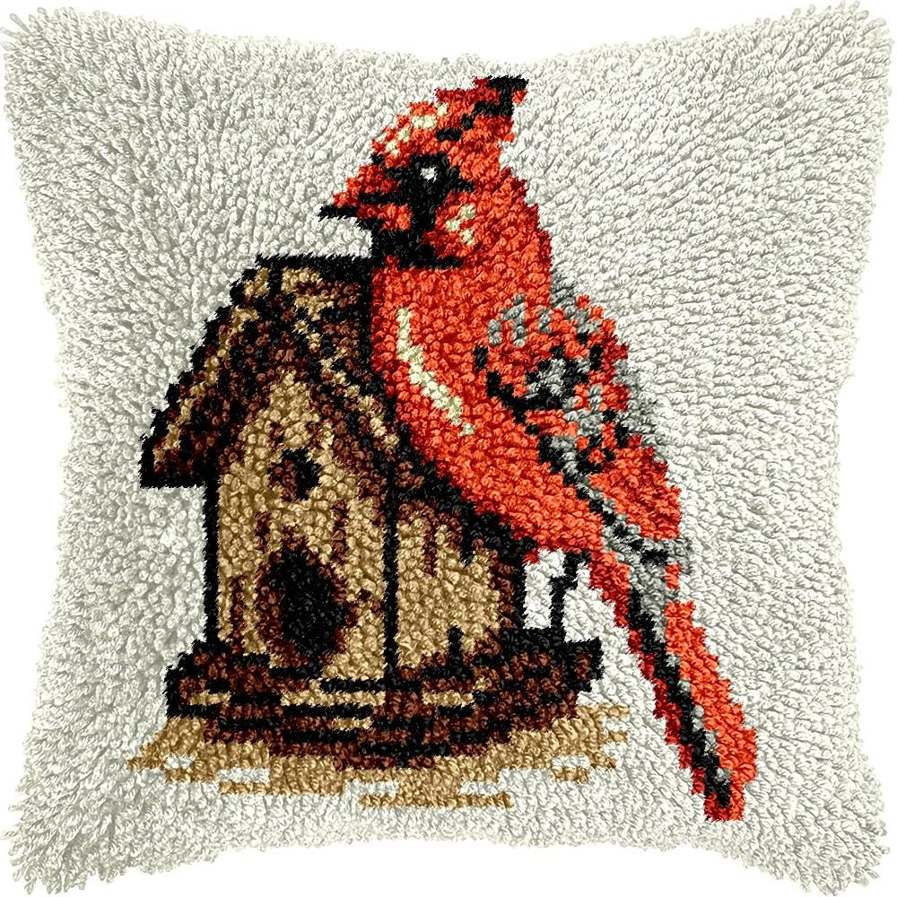 Cardinal Bird House Latch Hook Pillow Kits for DIY Handmade Throw Pillow Cushion Embroidery Latch Hooking Pillowcase Kits with Preprinted Canvas Crochet Yarn Kits 17''X 17''(g57)