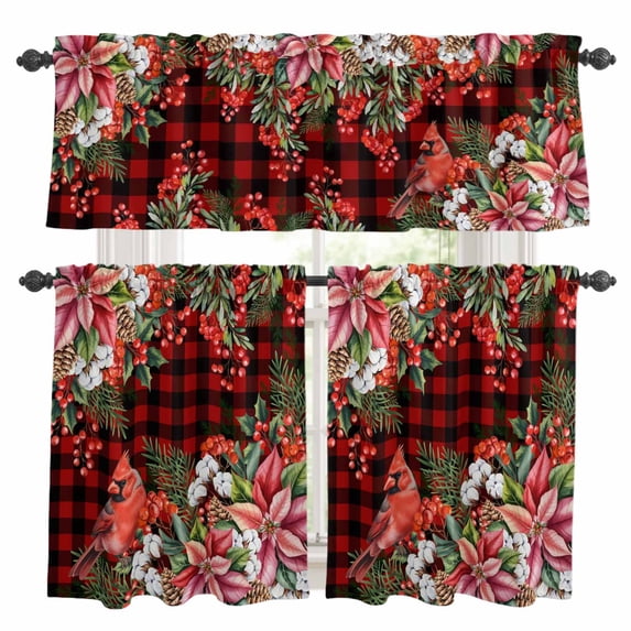 Cardinal Bird Kitchen Curtains Sets for Windows 24 Inch Length, Poinsettia Pine Cones Berry Flowers Red Plaid Rod Pocket Window Treatments Tier Curtains and Valances Set for Bedroom/Bathroom
