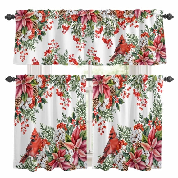 Cardinal Bird Kitchen Curtains Sets for Windows 24 Inch Length, Winter Poinsettia Berry Pine Cones Floral Rod Pocket Window Treatments Tier Curtains and Valances Set for Bedroom/Bathroom
