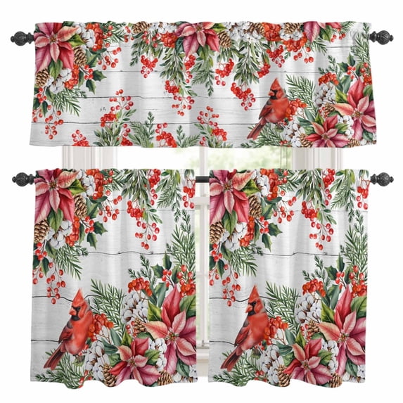 Cardinal Bird Kitchen Curtains Sets for Windows 24 Inch Length, Winter Poinsettia Pine Cones Berry Wood Rod Pocket Window Treatments Tier Curtains and Valances Set for Bedroom/Bathroom