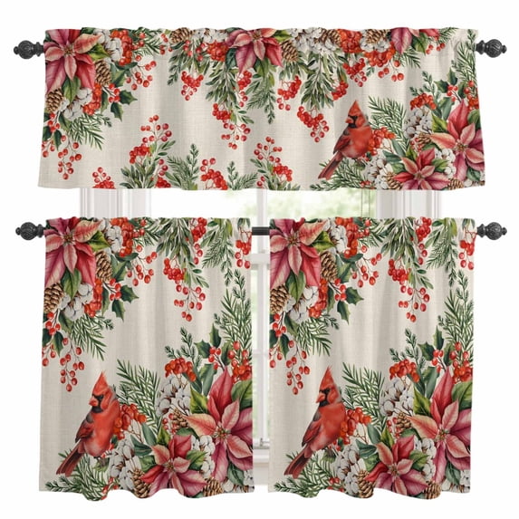 Cardinal Bird Kitchen Curtains Sets for Windows 36 Inch Length, Pine Cones Poinsettia Berry Floral Beige Rod Pocket Window Treatments Tier Curtains and Valances Set for Bedroom/Bathroom
