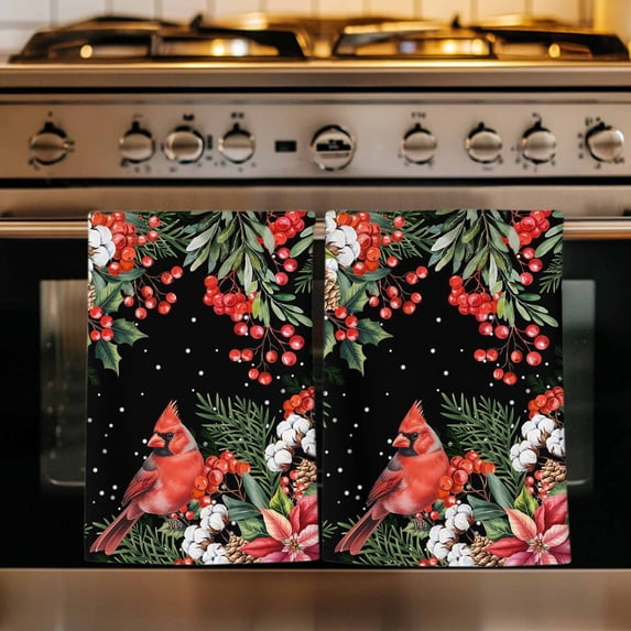 Cardinal Bird Kitchen Towels Set of 1, Winter Poinsettia Pine Cones Berry Black Absorbent Dish Towels for Kitchen, Microfiber Hand Towel, Quick Drying Tea Towel for Cleaning Decorative Dishcloths