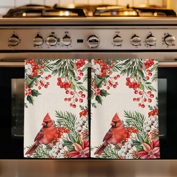 Cardinal Bird Kitchen Towels Set of 2, Pine Cones Poinsettia Berry Floral Beige Absorbent Dish Towels for Kitchen, Microfiber Hand Towel, Quick Drying Tea Towel for Cleaning Decorative Dishcloths