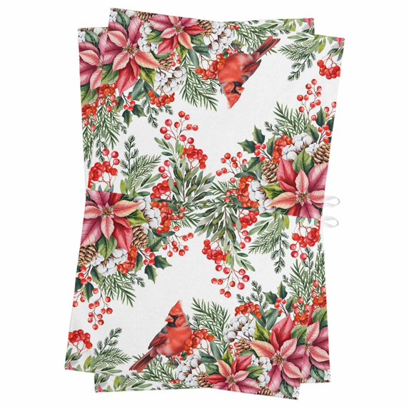 Cardinal Bird Kitchen Towels Set of 2, Water Absorbent Dish Towel, Winter Poinsettia Berry Pine Cones Floral Decorative Hand Towels - Quick Drying Cloth for Cooking Baking, 18x28 Inch
