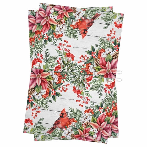 Cardinal Bird Kitchen Towels Set of 2, Water Absorbent Dish Towel, Winter Poinsettia Pine Cones Berry Wood Decorative Hand Towels - Quick Drying Cloth for Cooking Baking, 18x28 Inch