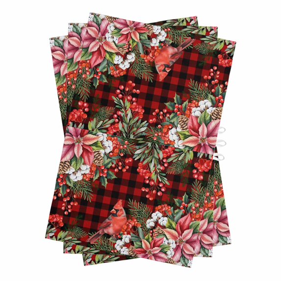 Cardinal Bird Kitchen Towels Set of 3, Water Absorbent Dish Towel, Poinsettia Pine Cones Berry Flowers Red Plaid Decorative Hand Towels - Quick Drying Cloth for Cooking Baking, 18x28 Inch