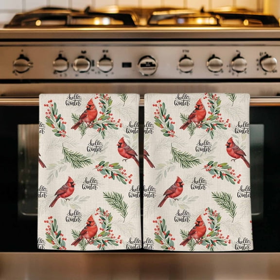 Cardinal Bird Kitchen Towels Set of 4, Holly Branches Berry Winter Beige Absorbent Dish Towels for Kitchen, Microfiber Hand Towel, Quick Drying Tea Towel for Cleaning Decorative Dishcloths