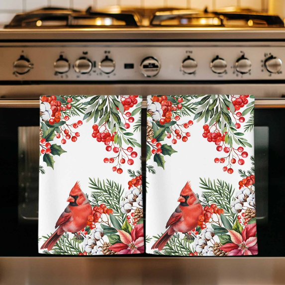 Cardinal Bird Kitchen Towels Set of 4, Winter Poinsettia Berry Pine Cones Floral Absorbent Dish Towels for Kitchen, Microfiber Hand Towel, Quick Drying Tea Towel for Cleaning Decorative Dishcloths