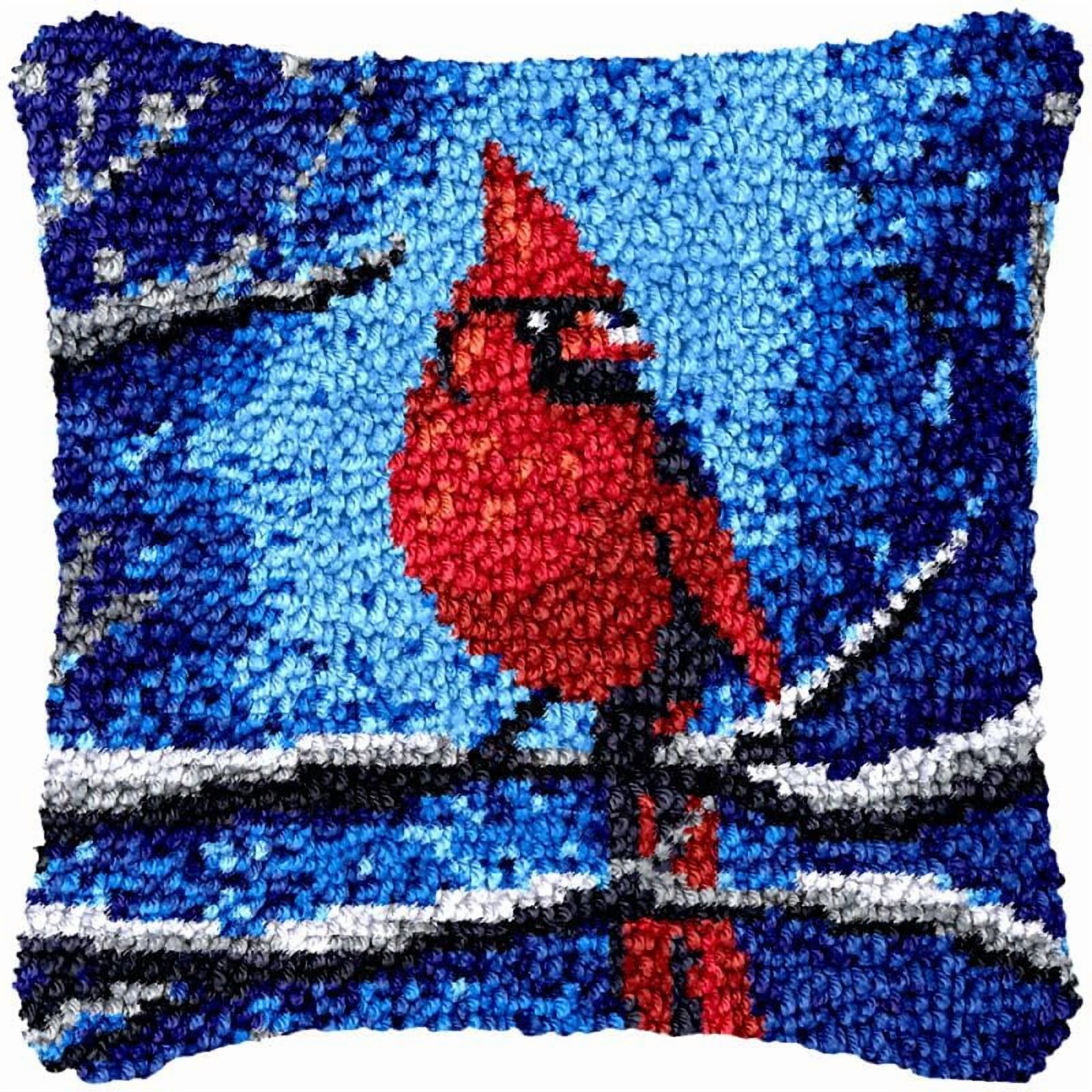 Cardinal Bird Latch Hook Pillow Cover Kits for DIY Handmade Throw Pillow Cross Stitch Latch Hook Pillowcase Rug Kits with Preprinted Color Pattern Canvas Crochet Yarn Kits 17''X 17''(ys118)