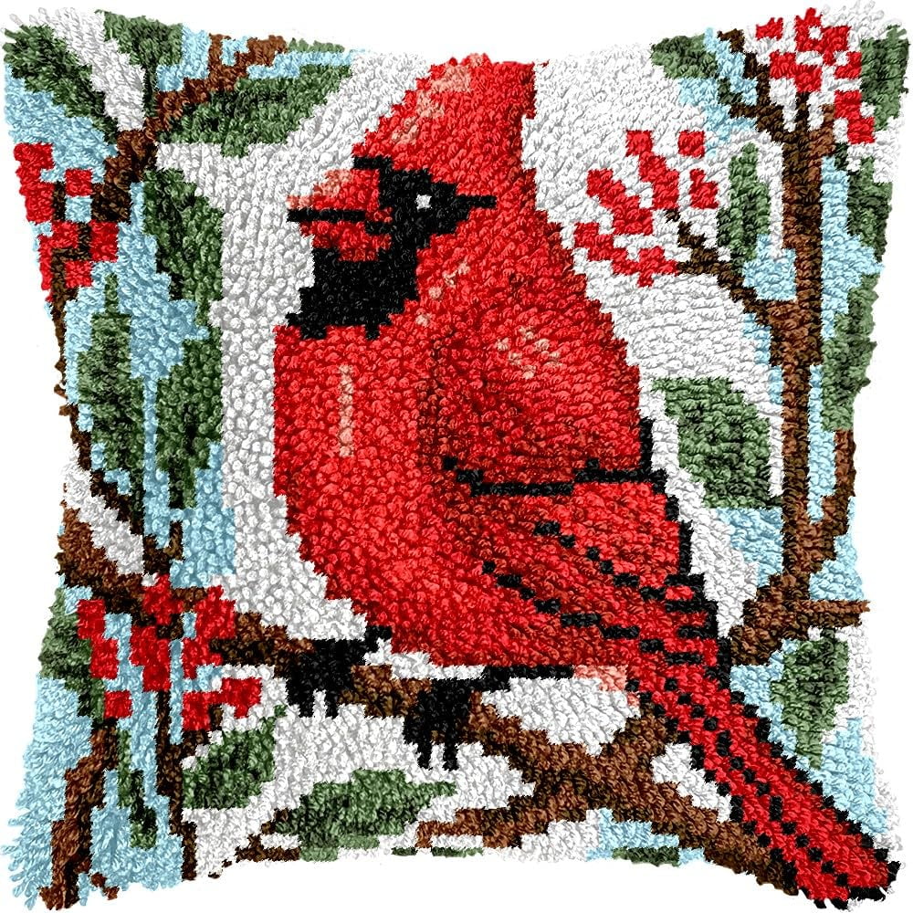 Cardinal Bird Latch Hook Pillow Kits for DIY Throw Pillow Cushion Embroidery Latch Hooking Pillowcase Kits with Preprinted Canvas Crochet Yarn Kits for Home Decor 17''X 17''(j60)